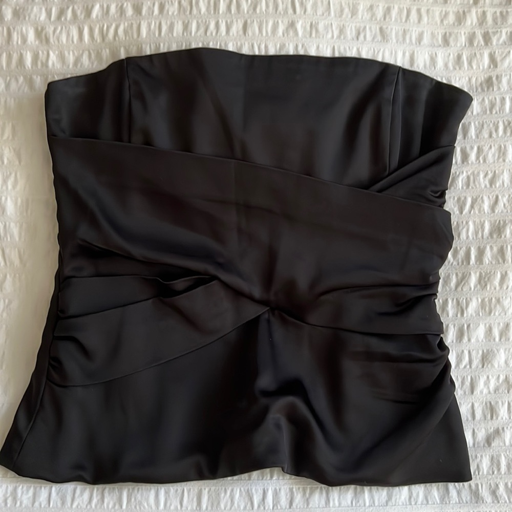 BCBG Max Azria Black Satin Ruffle Strapless Bustier